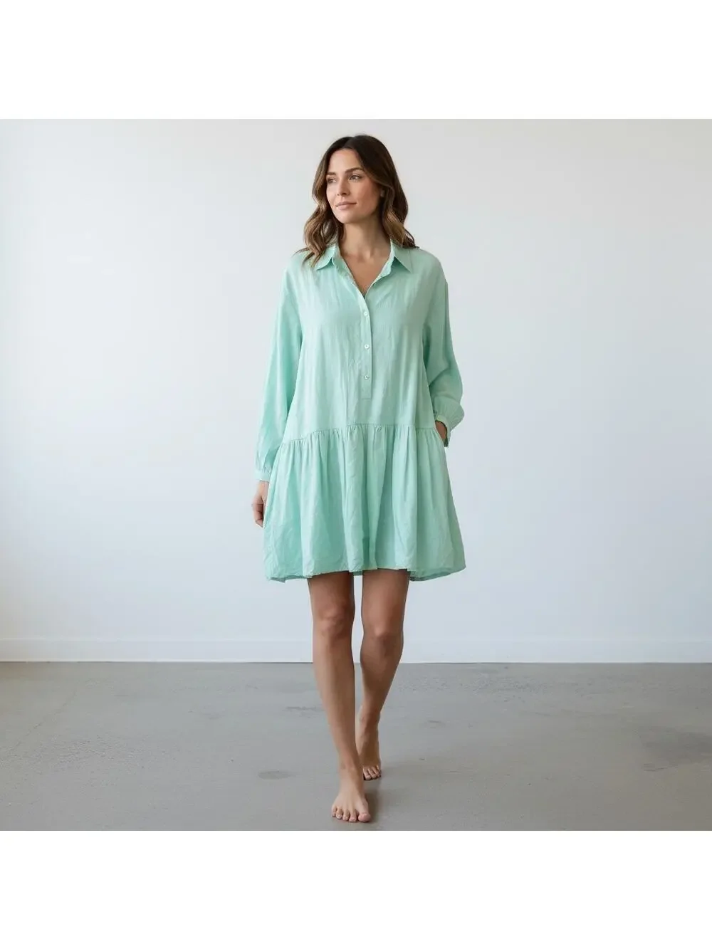 MAEVE by Anthropologie Size XL Mint Green 100% Cotton Tiered Popover Shirt Dress
